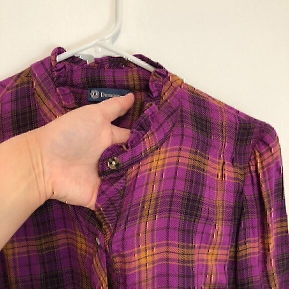 NEW NWT DEMOCRACY Long Sleeve Ruffle Neckband Plaid Button Down Shirt Purple S - Picture 9 of 13